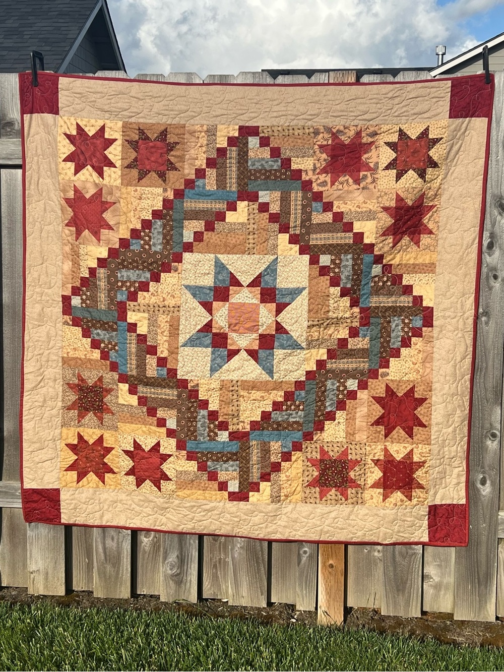 Handmade Star Patchwork Quilt in Red, Tan, Blue